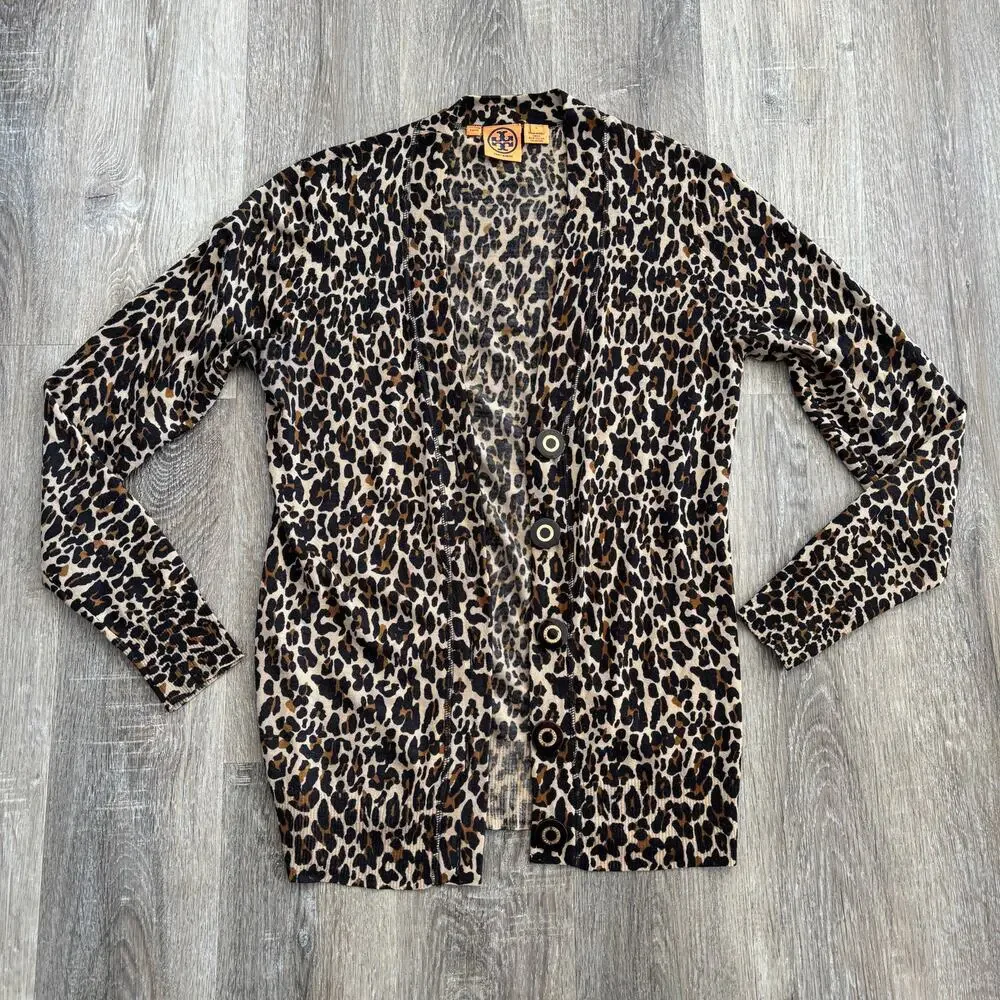 Tory Burch Merino Wool Leopard Print Cardigan Black Brown - Size: Large